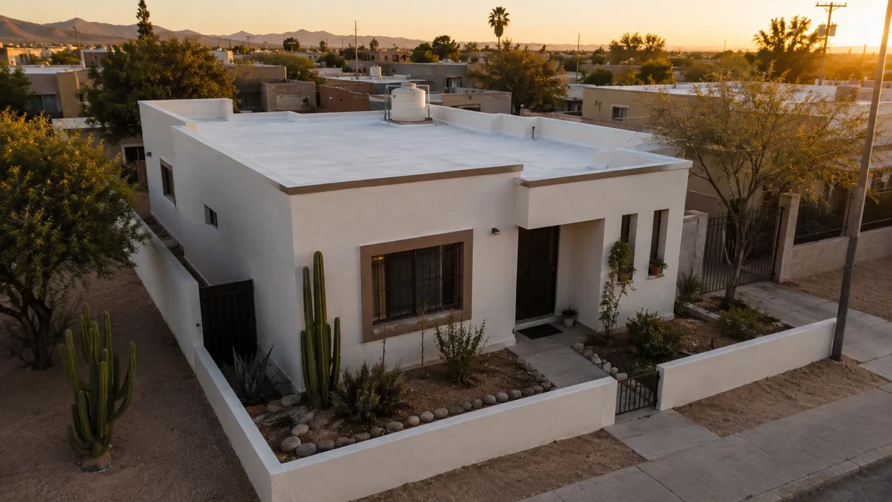 Casa con techo plano en estado inicial, antes del montaje del sistema solar.