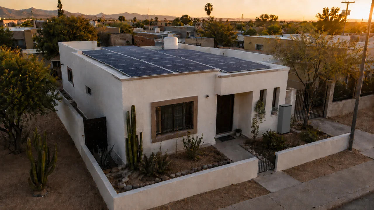 Sistema solar completo sobre techo plano, con baterías y equipos de respaldo integrados.